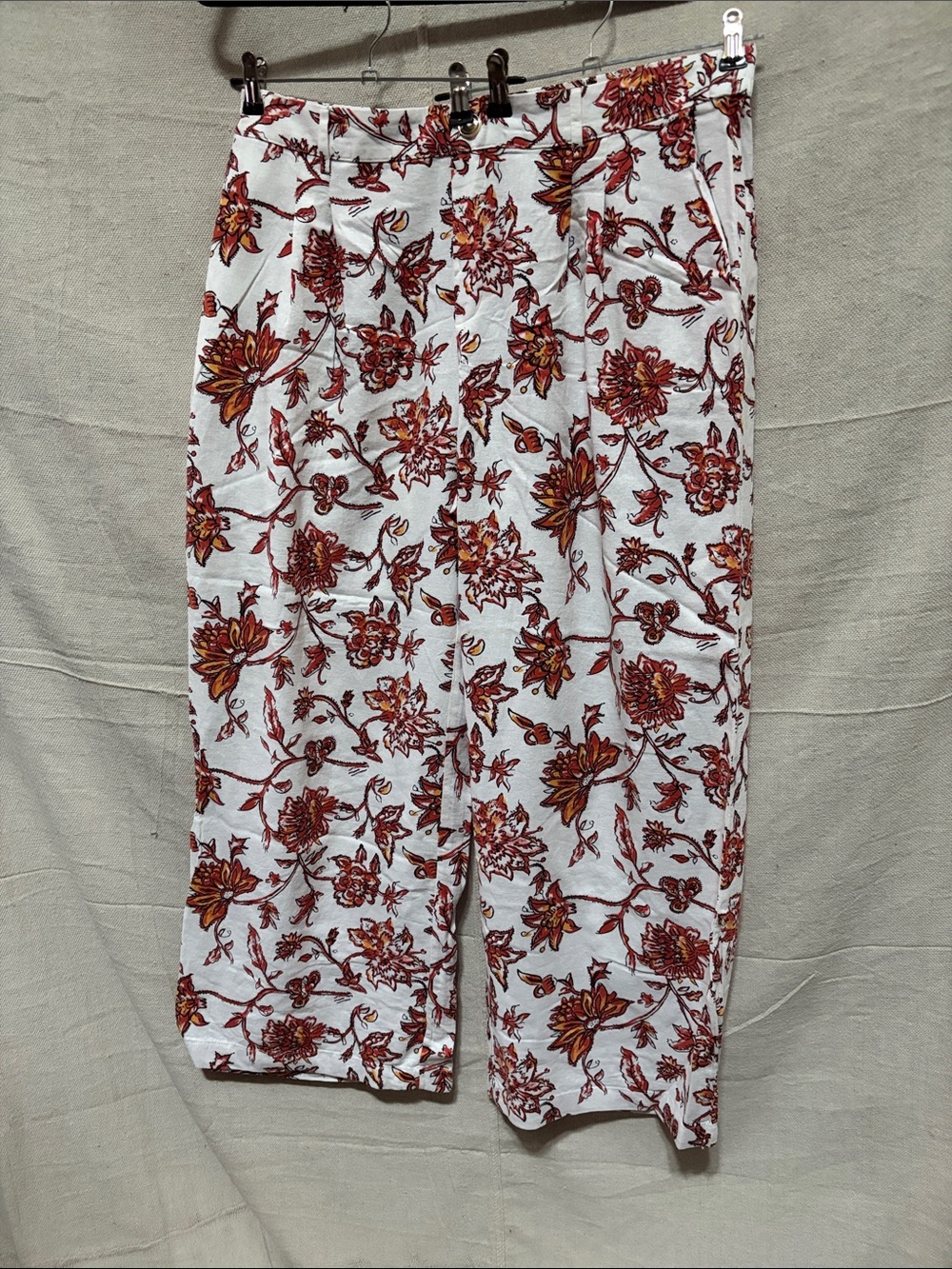 Wide Leg Floral Linen Blend Pants - White with Rust Floral